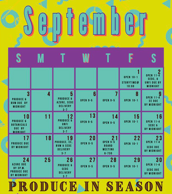 September 2023 Food Coop calendar